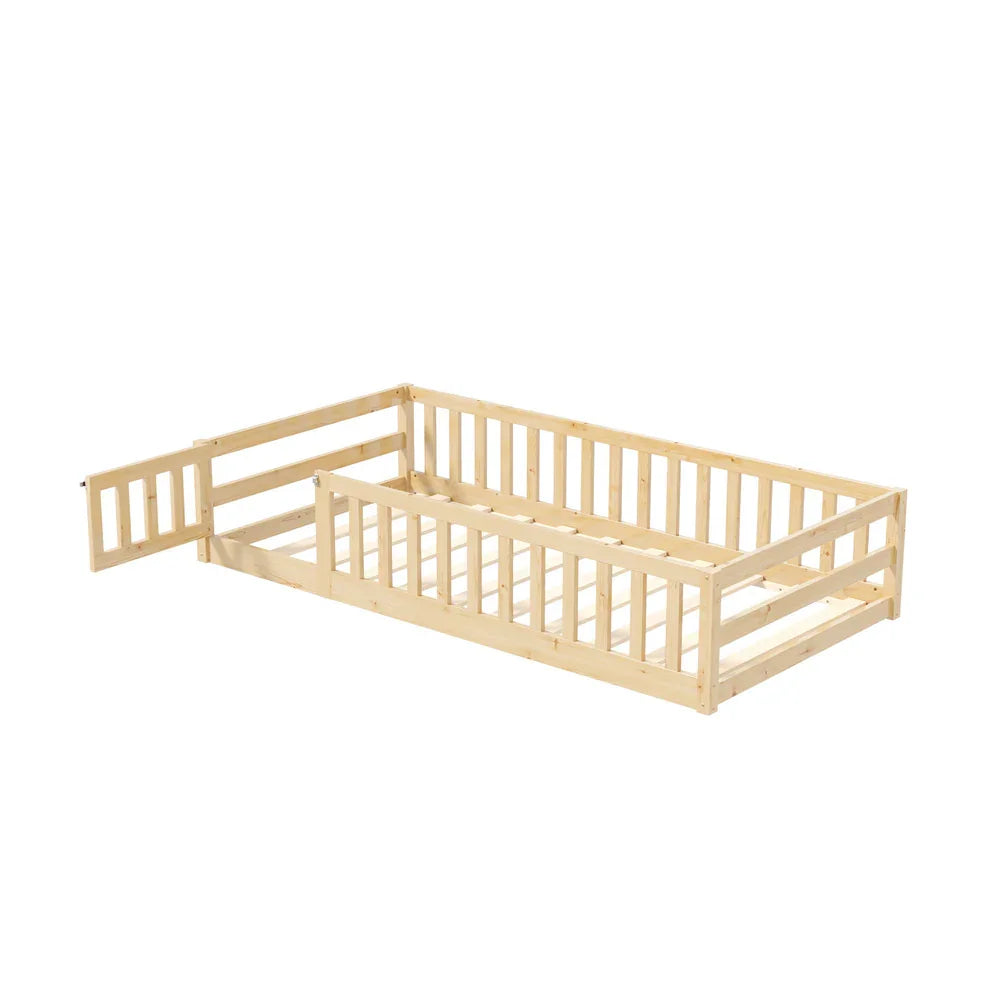Oikiture Kids Bed Frame Single Beds Timber Wood Gate Guard Natural