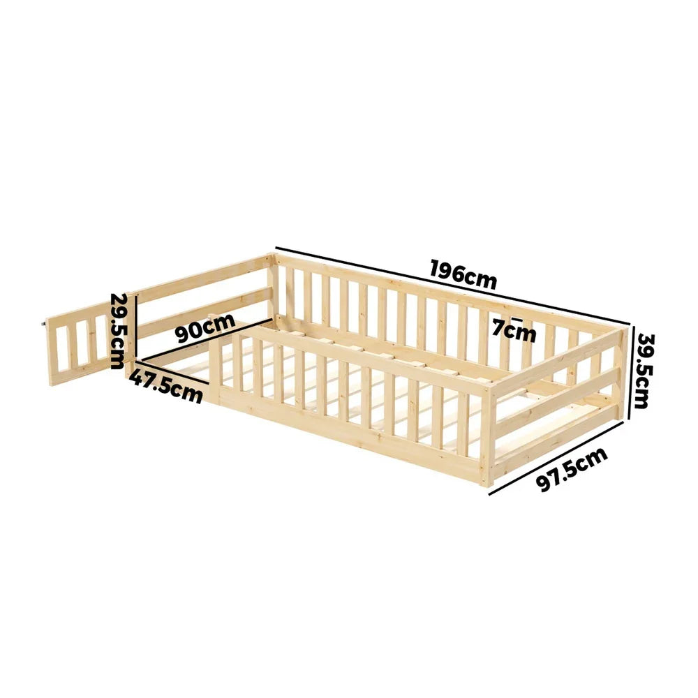 Oikiture Kids Bed Frame Single Beds Timber Wood Gate Guard Natural