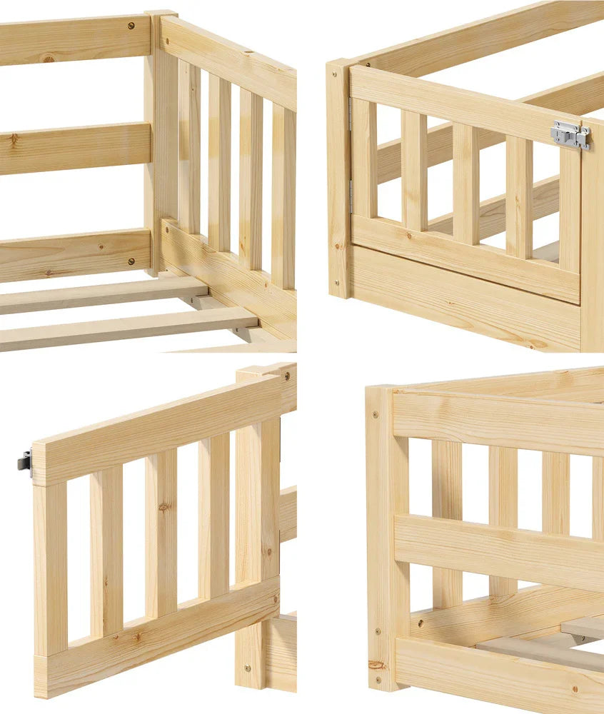 Oikiture Kids Bed Frame Single Beds Timber Wood Gate Guard Natural