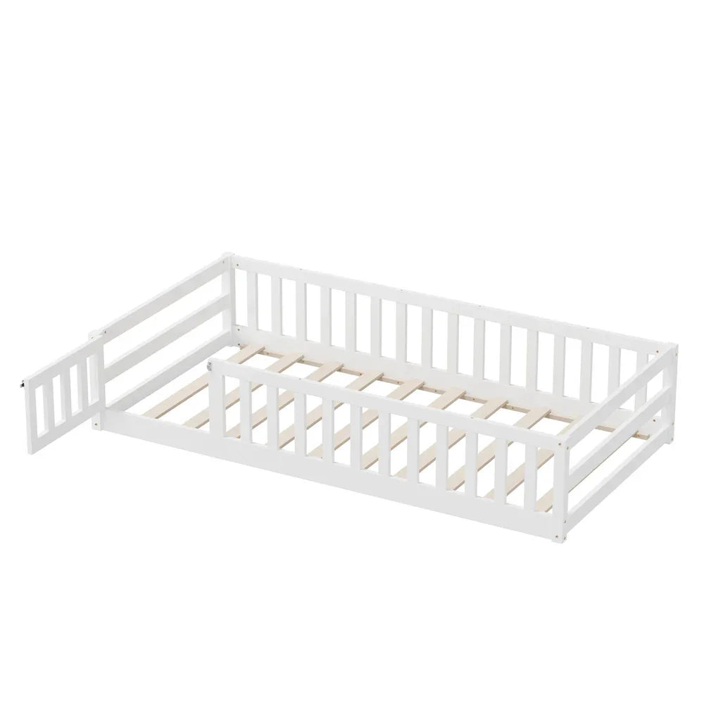Oikiture Kids Bed Frame Single Beds Timber Wood Gate Guard White