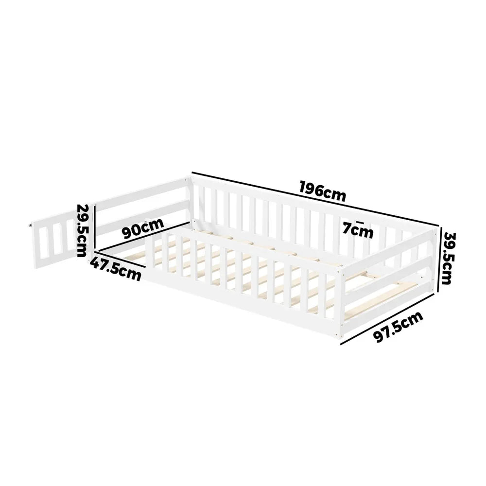Oikiture Kids Bed Frame Single Beds Timber Wood Gate Guard White