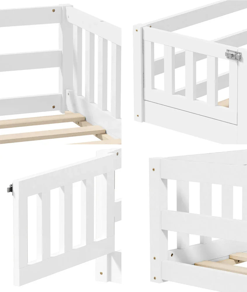 Oikiture Kids Bed Frame Single Beds Timber Wood Gate Guard White