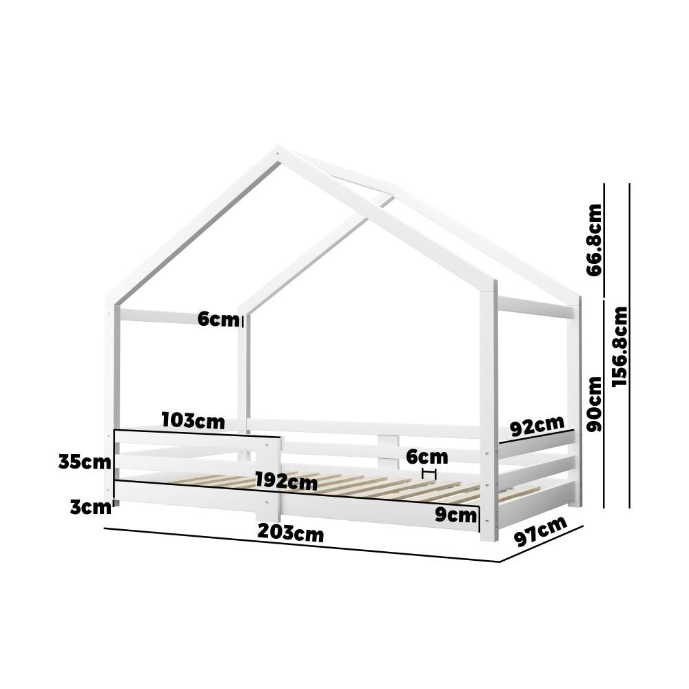 Single Bed Frame Wooden Kids House Style White