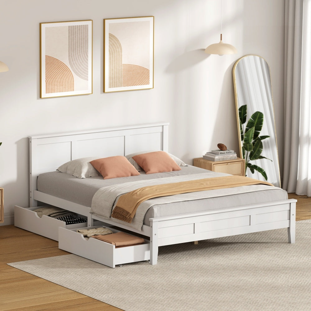 Oikiture Double Wooden Bed Frame with 2 Drawers White