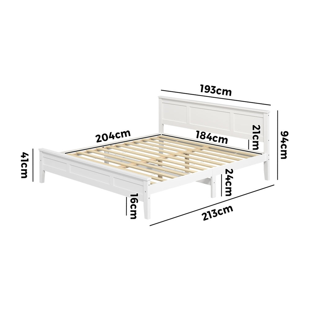 King Wood Bed Frame & Slatted Base Pine Headboard White