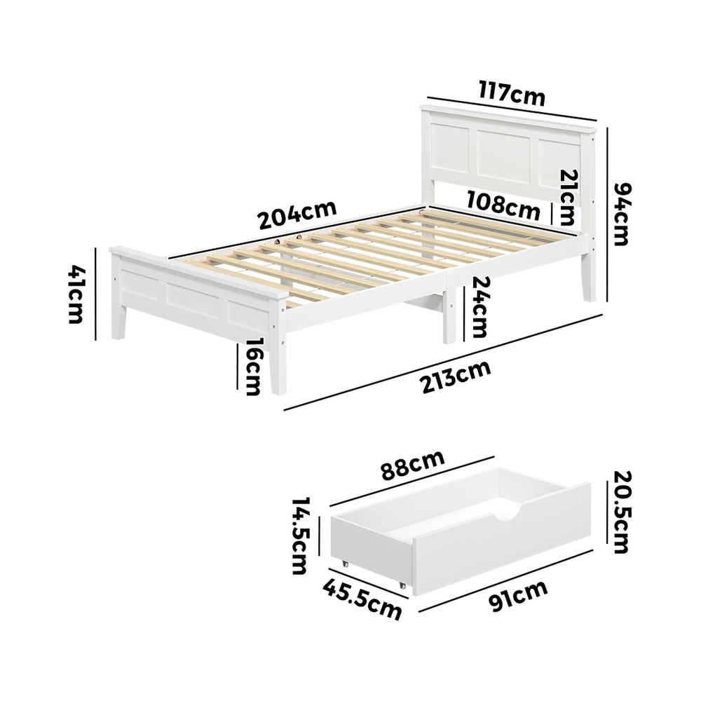 Oikiture King Single Wooden Bed Frame with 2 Drawers White