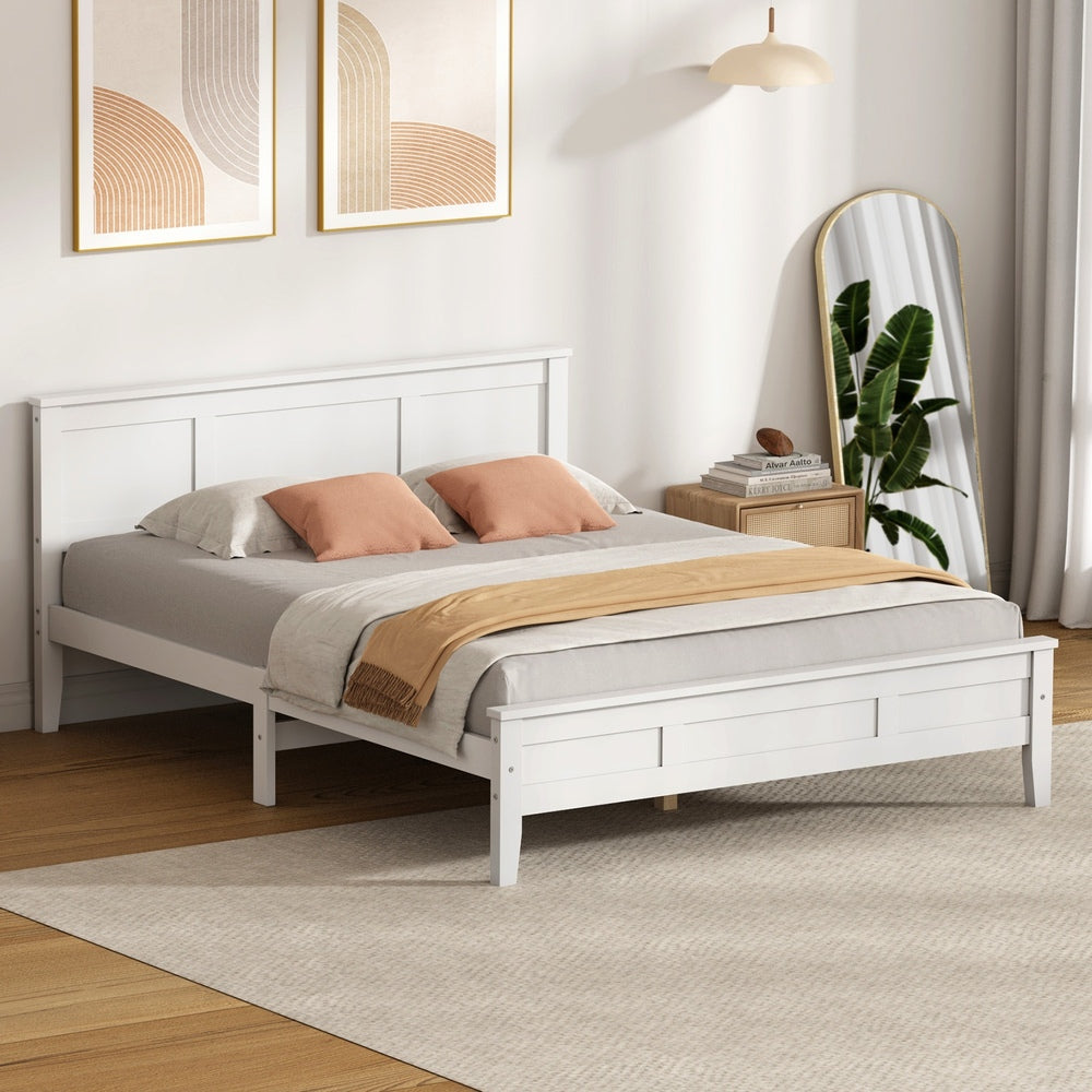 Queen Wood Bed Frame & Slatted Base Pine Headboard White