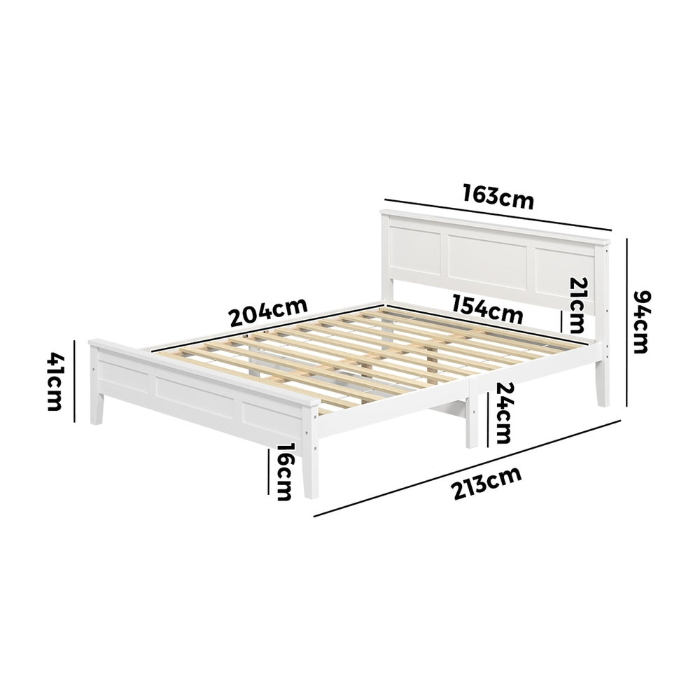 Queen Wood Bed Frame & Slatted Base Pine Headboard White
