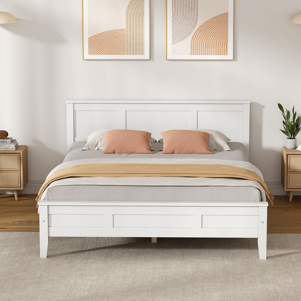 Queen Wood Bed Frame & Slatted Base Pine Headboard White