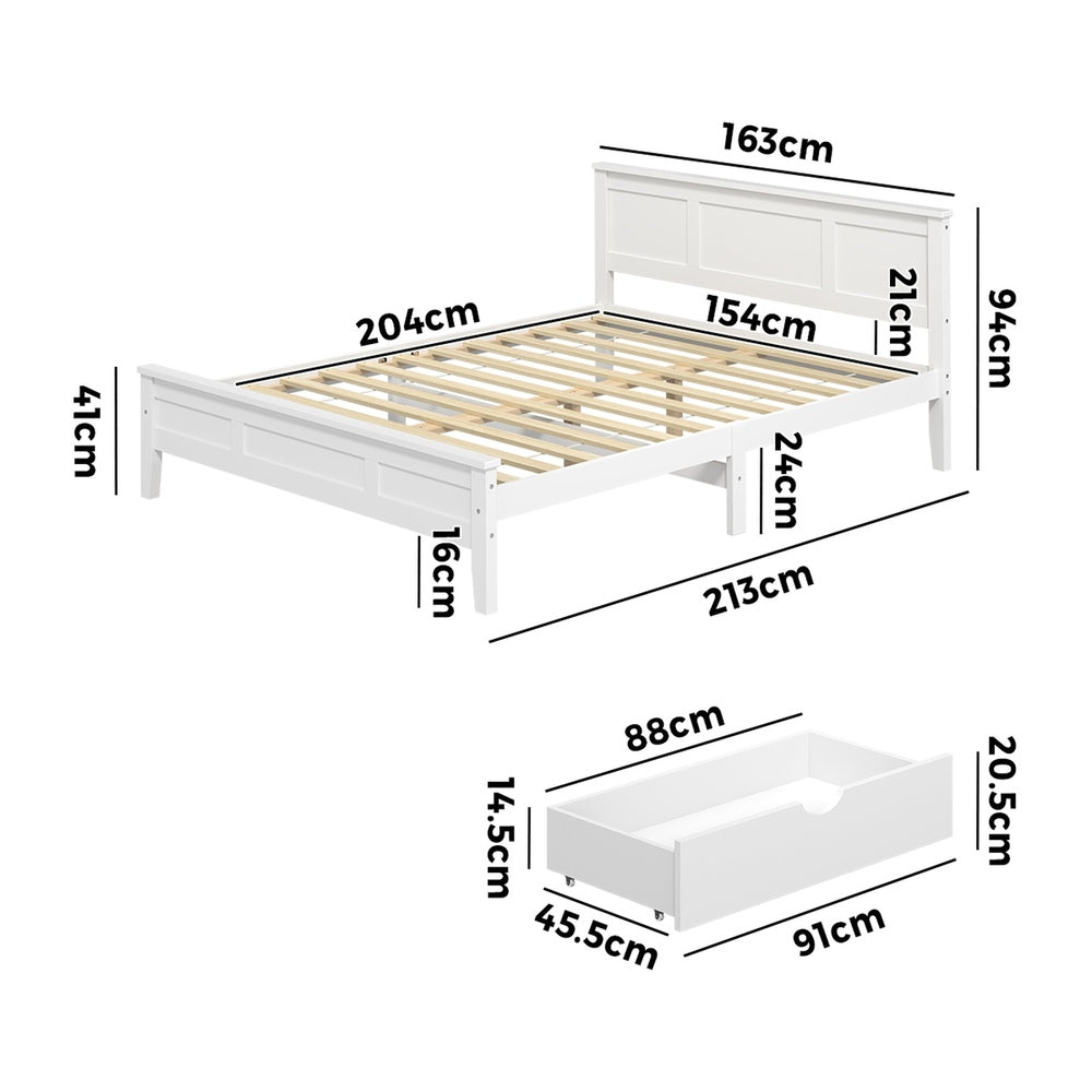 Oikiture Queen Wooden Bed Frame with Headboard 2 Drawers White