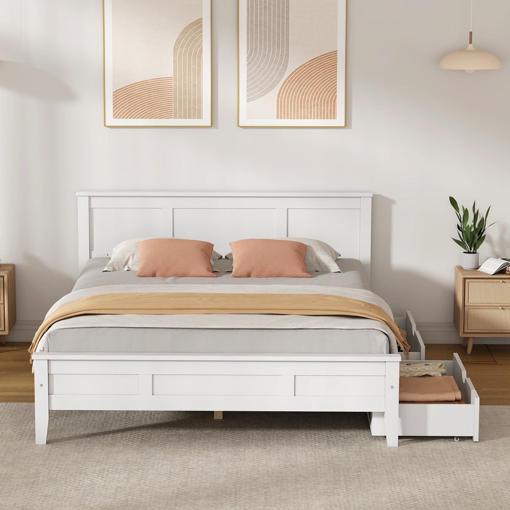 Oikiture Queen Wooden Bed Frame with Headboard 2 Drawers White