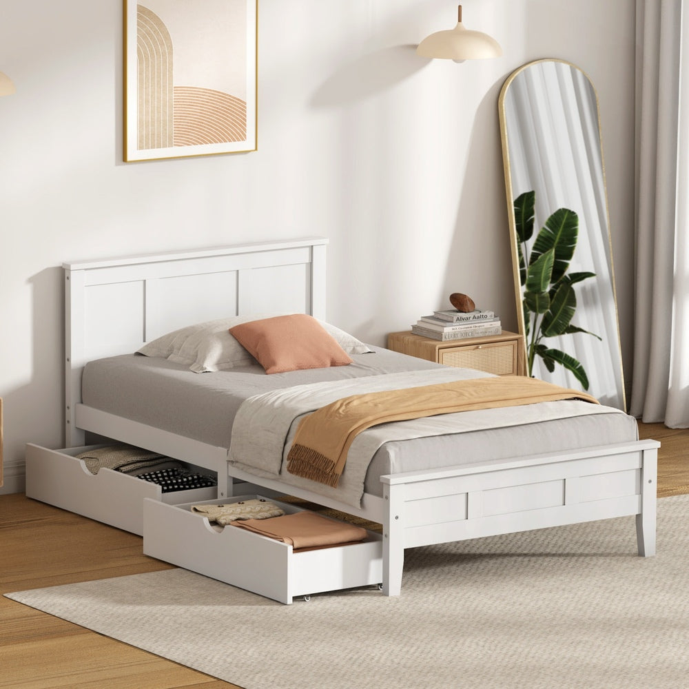 Oikiture Single Wooden Bed Frame with Headboard 2 Drawers White