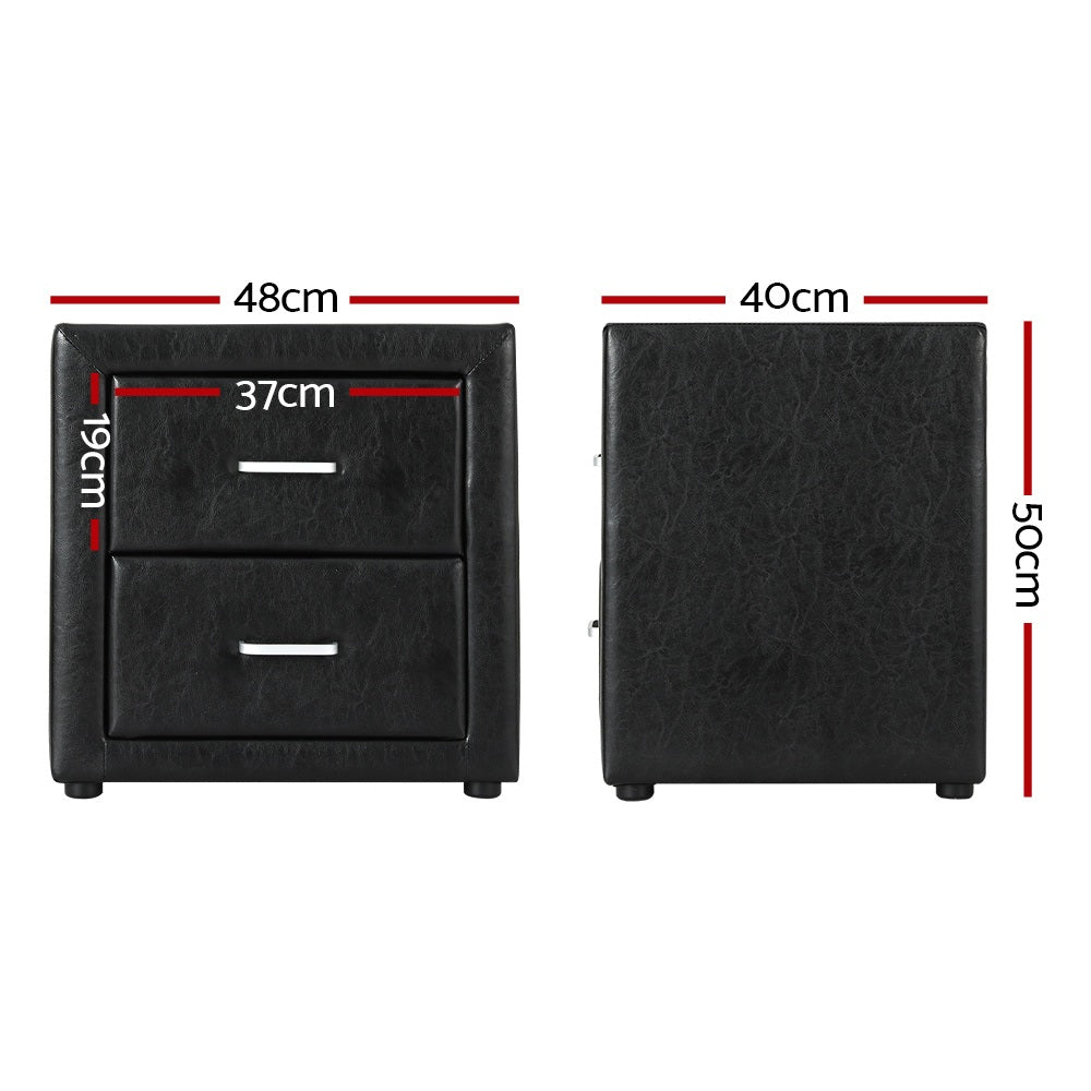 2X Bedside Table 2 Drawers Side Table Leather - CADEN Black