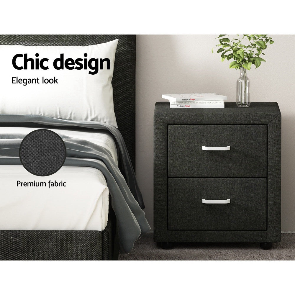 2X Bedside Table 2 Drawers Fabric - CADEN Charcoal