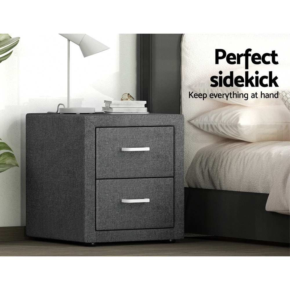 2X Bedside Table 2 Drawers Side Table Fabric - CADEN Grey
