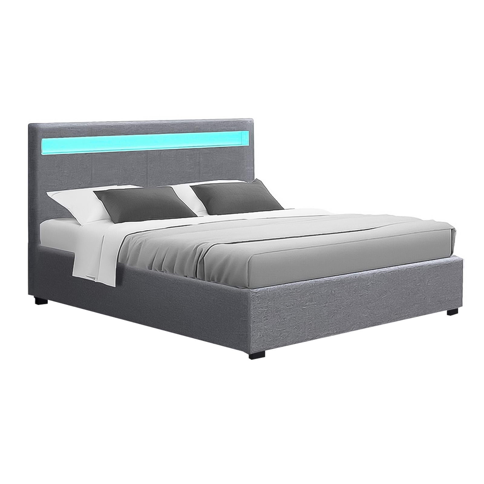 Bed Frame Double Size Gas Lift RGB LED Bedbase Grey Cole