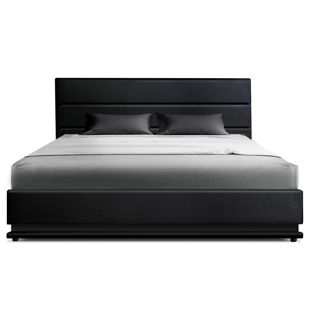 Lumi LED Bed Frame PU Leather Gas Lift Storage - Black Double