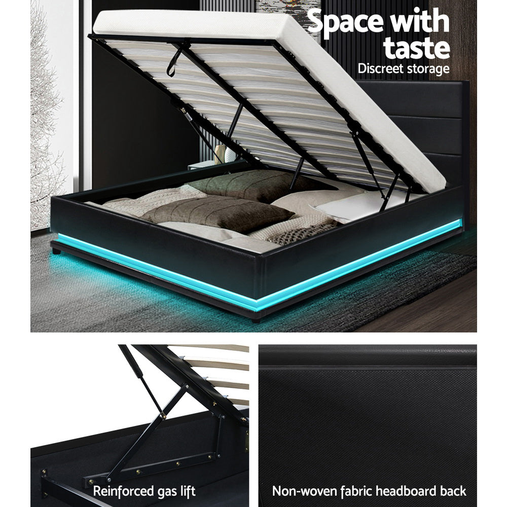 Lumi LED Bed Frame PU Leather Gas Lift Storage - Black Double