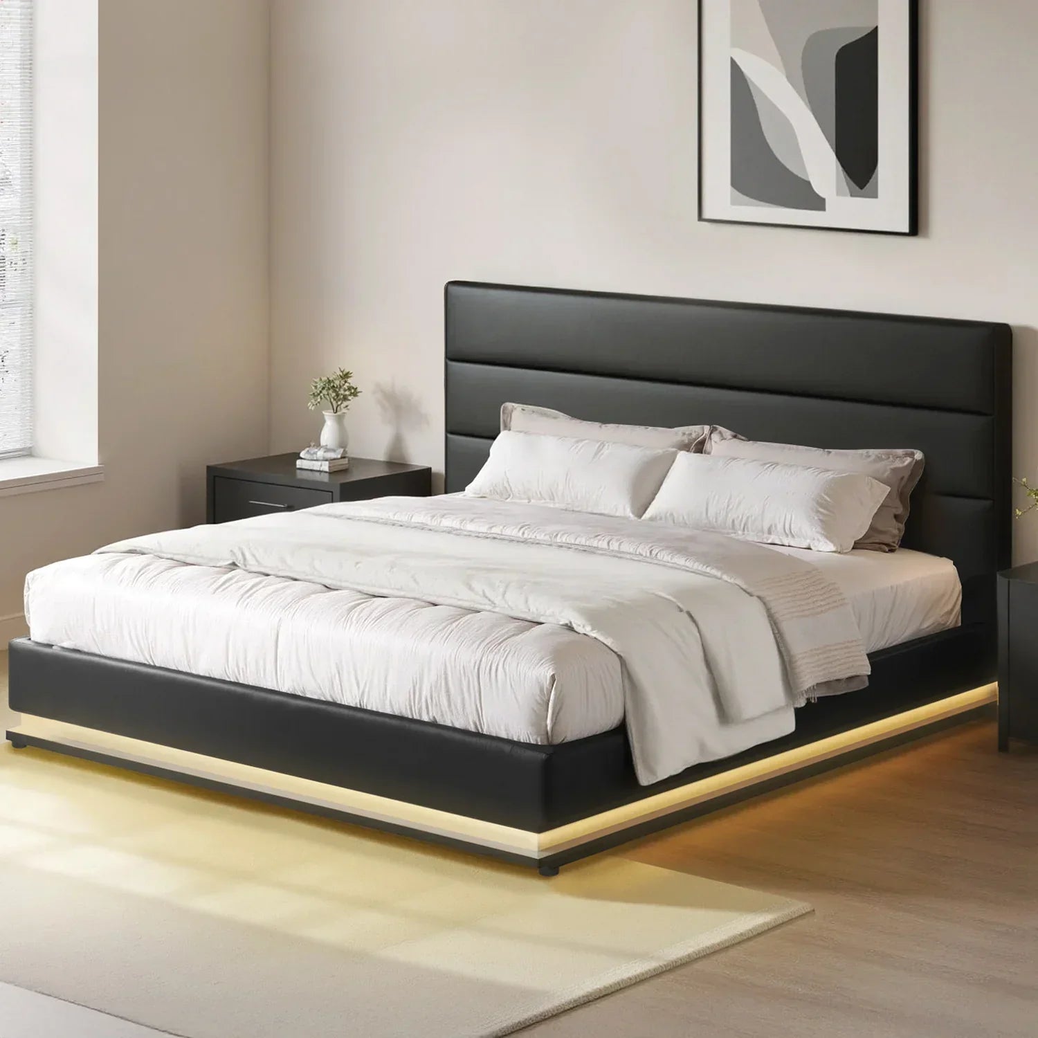 King Bed Frame Gas Lift Storage LED Light PVC Leather Black