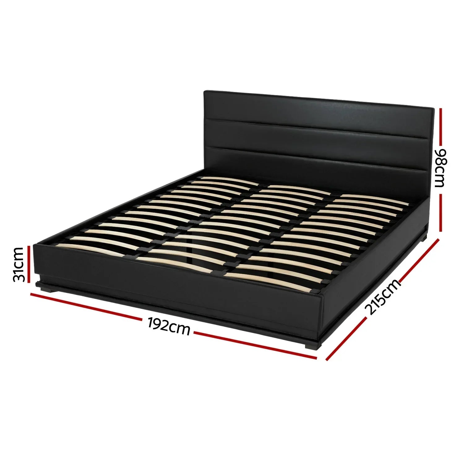 King Bed Frame Gas Lift Storage LED Light PVC Leather Black