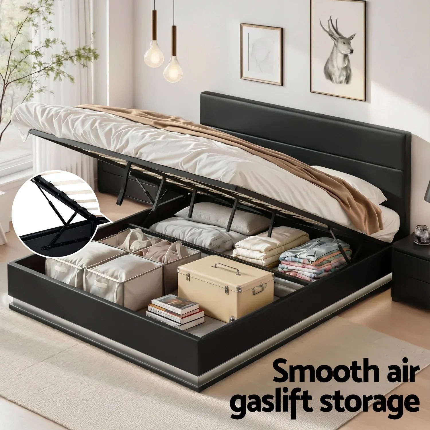 King Bed Frame Gas Lift Storage LED Light PVC Leather Black