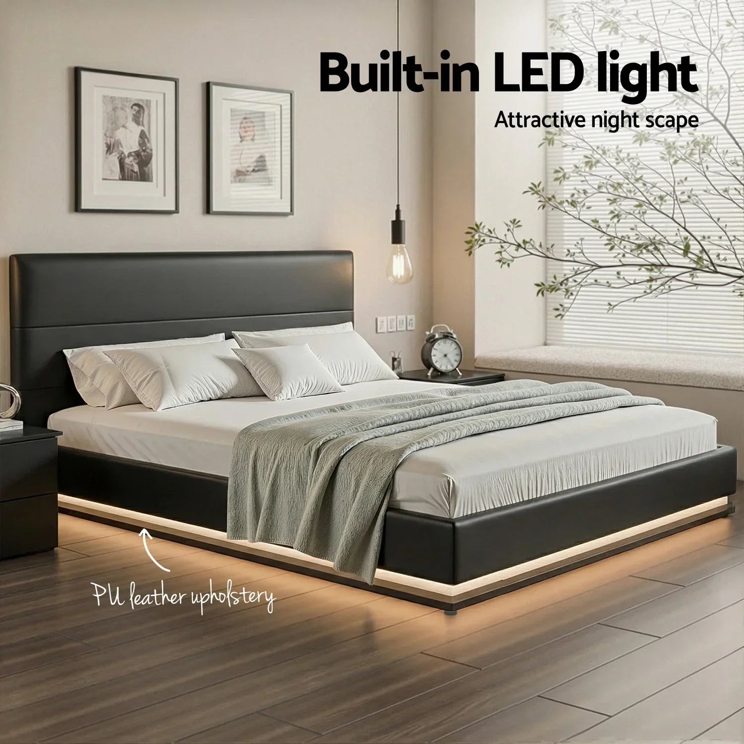 King Bed Frame Gas Lift Storage LED Light PVC Leather Black