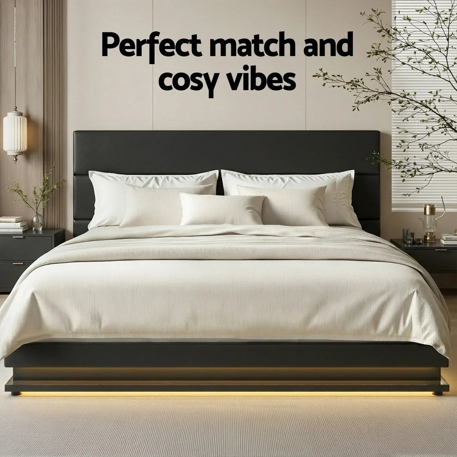 King Bed Frame Gas Lift Storage LED Light PVC Leather Black