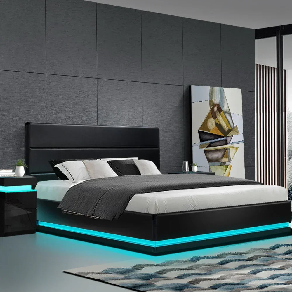 Artiss King Bed Frame Gas Lift Storage LED Light PVC Leather Black