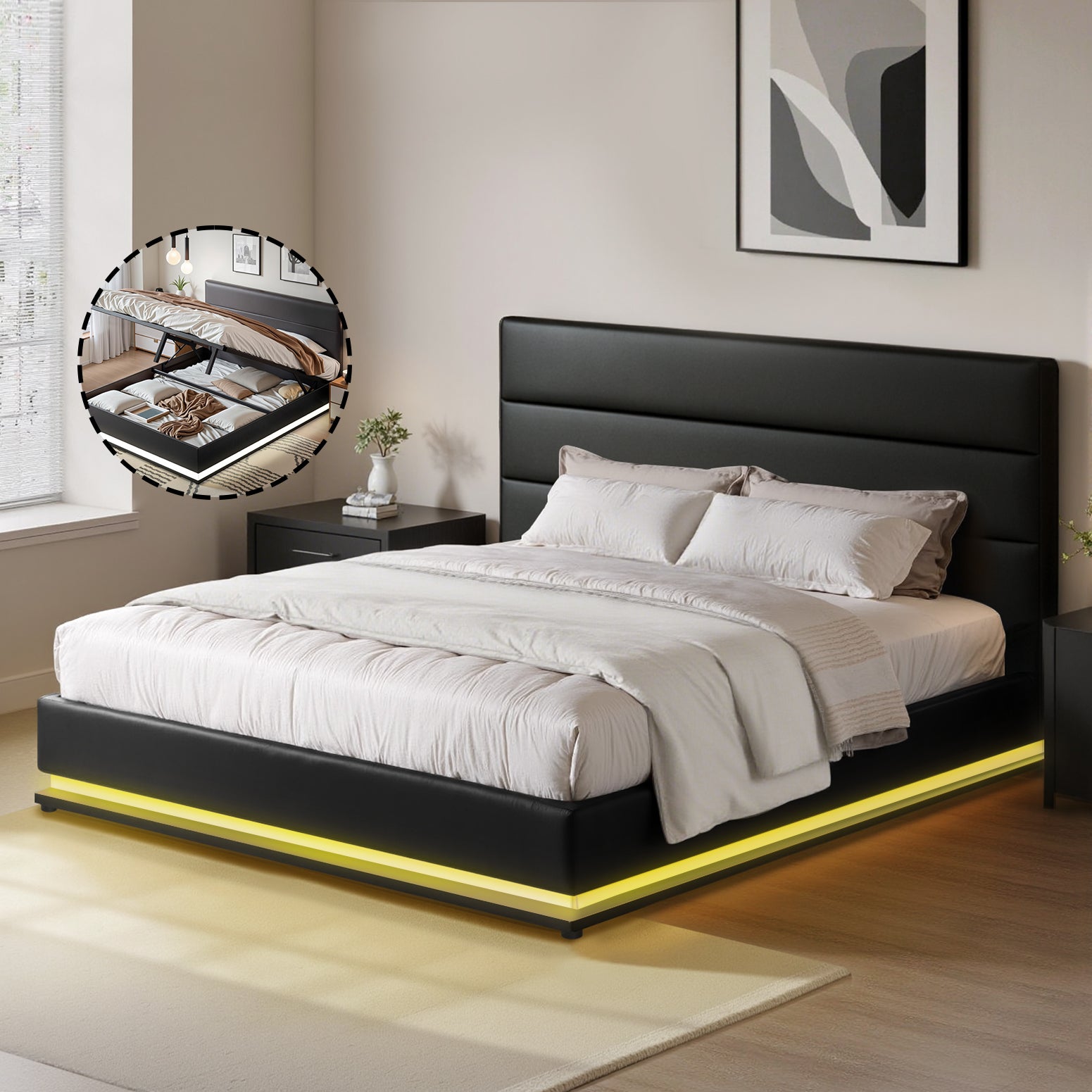 Bed Frame Queen Size LED Gas Lift Black LUMI