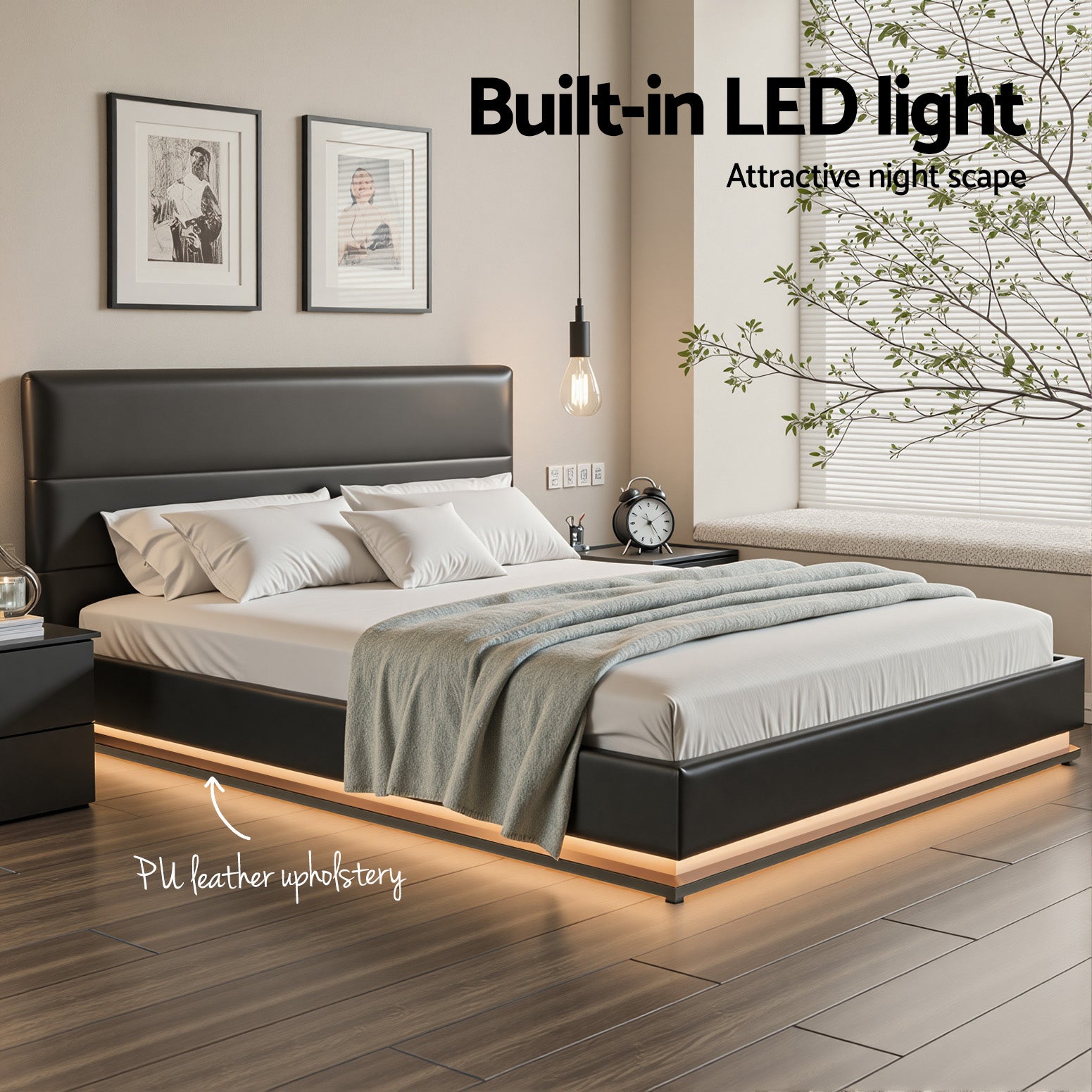 Bed Frame Queen Size LED Gas Lift Black LUMI