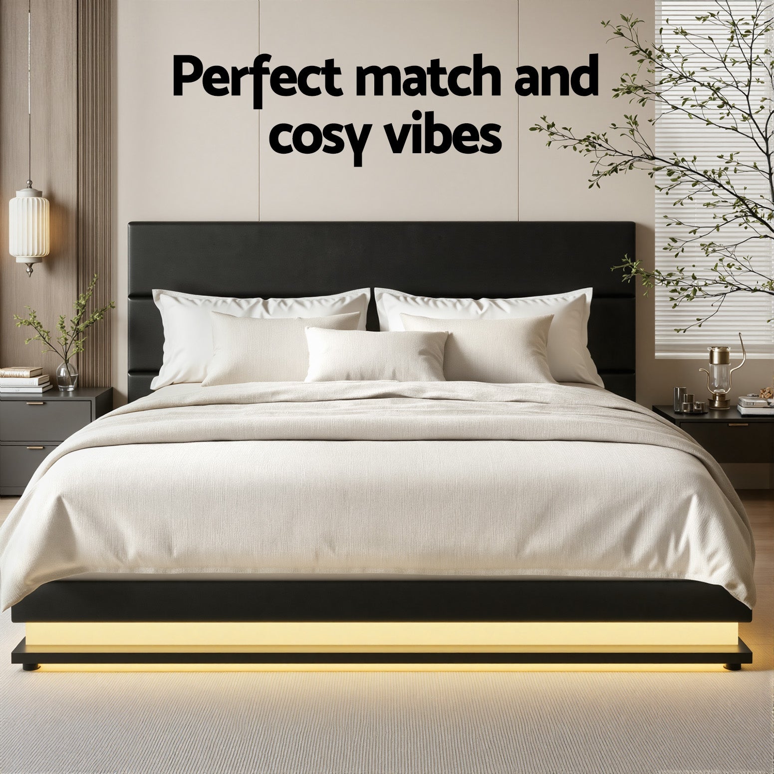 Bed Frame Queen Size LED Gas Lift Black LUMI