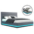 Artiss Queen Gas Lift Bed Frame LED Storage Faux Linen Grey