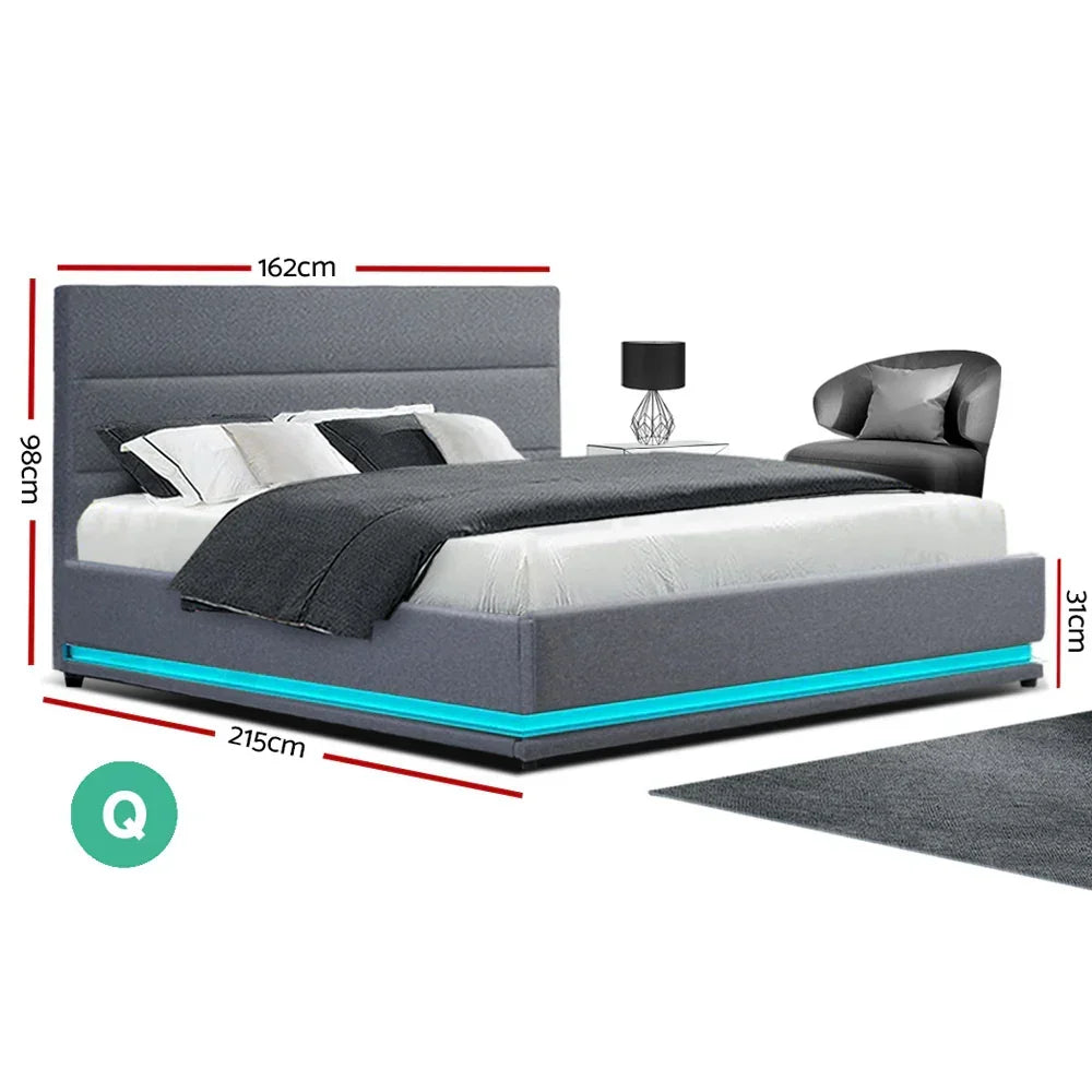 Queen Gas Lift Bed Frame LED Storage Faux Linen Grey