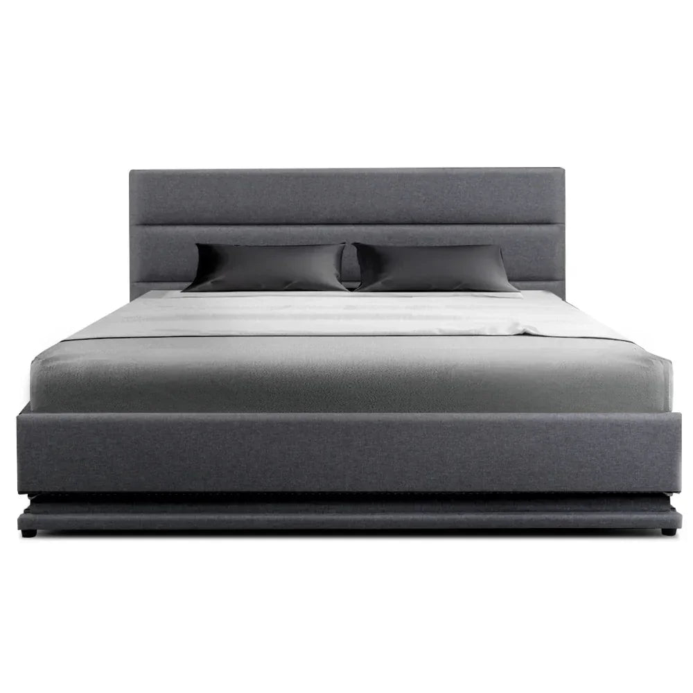 Artiss Queen Gas Lift Bed Frame LED Storage Faux Linen Grey