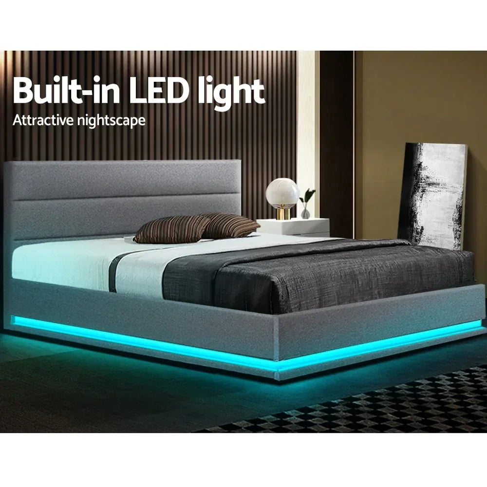 Queen Gas Lift Bed Frame LED Storage Faux Linen Grey
