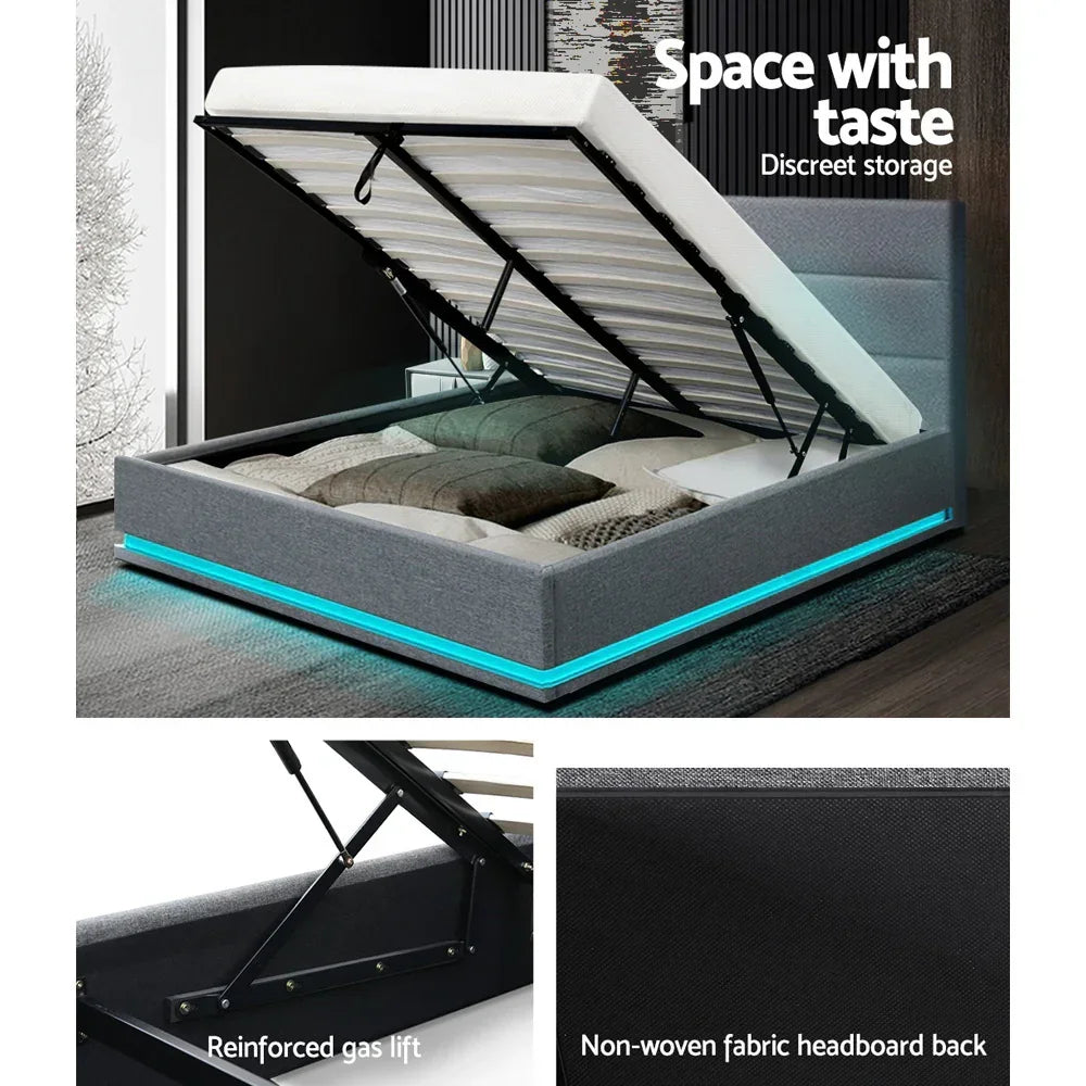 Queen Gas Lift Bed Frame LED Storage Faux Linen Grey
