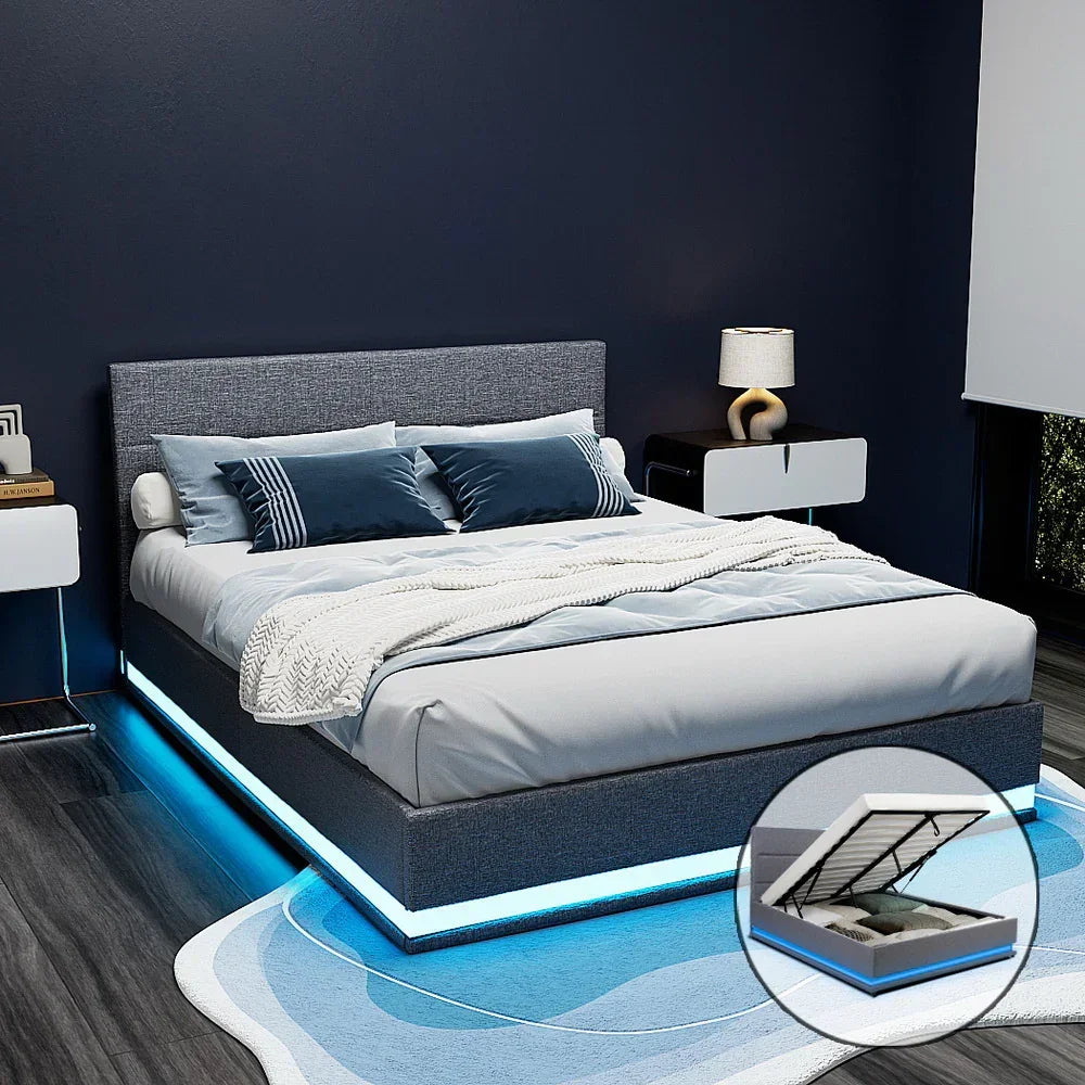 Queen Gas Lift Bed Frame LED Storage Faux Linen Grey