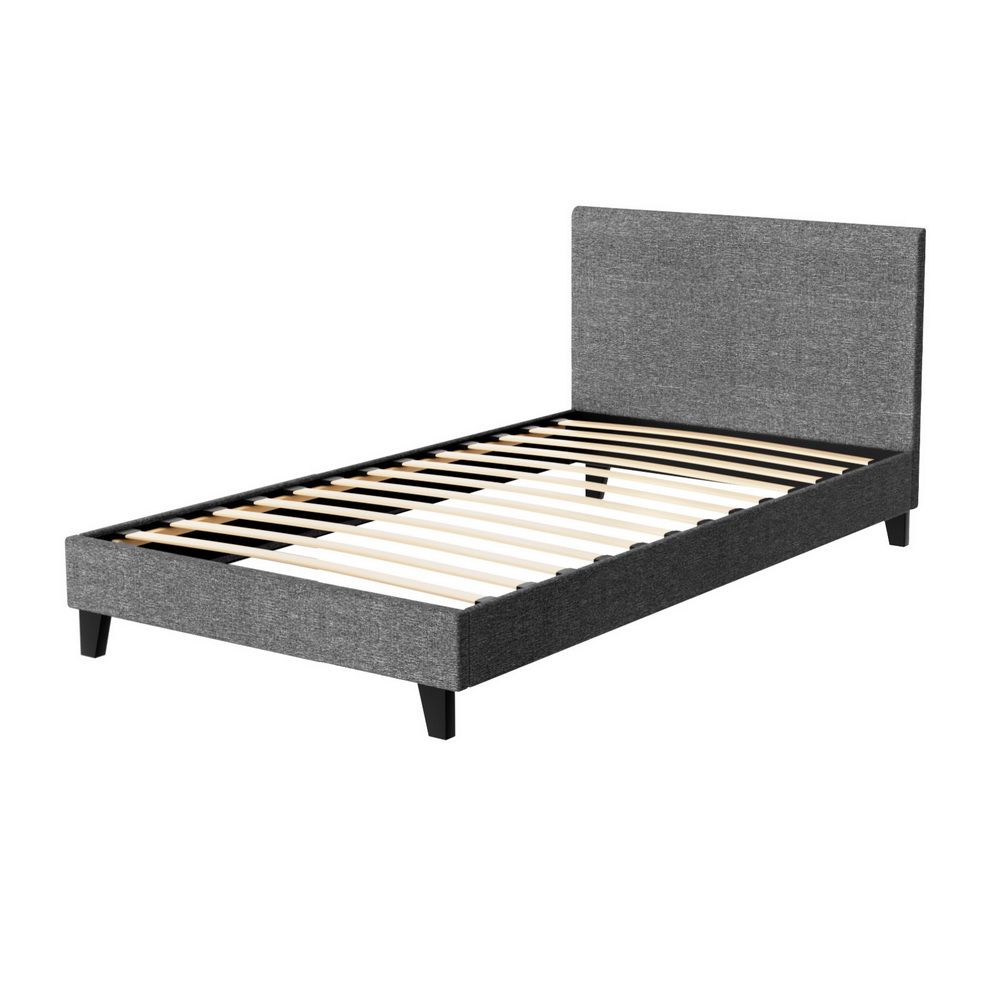 King Single Bed Frame Upholstered Wooden Slat Base Grey