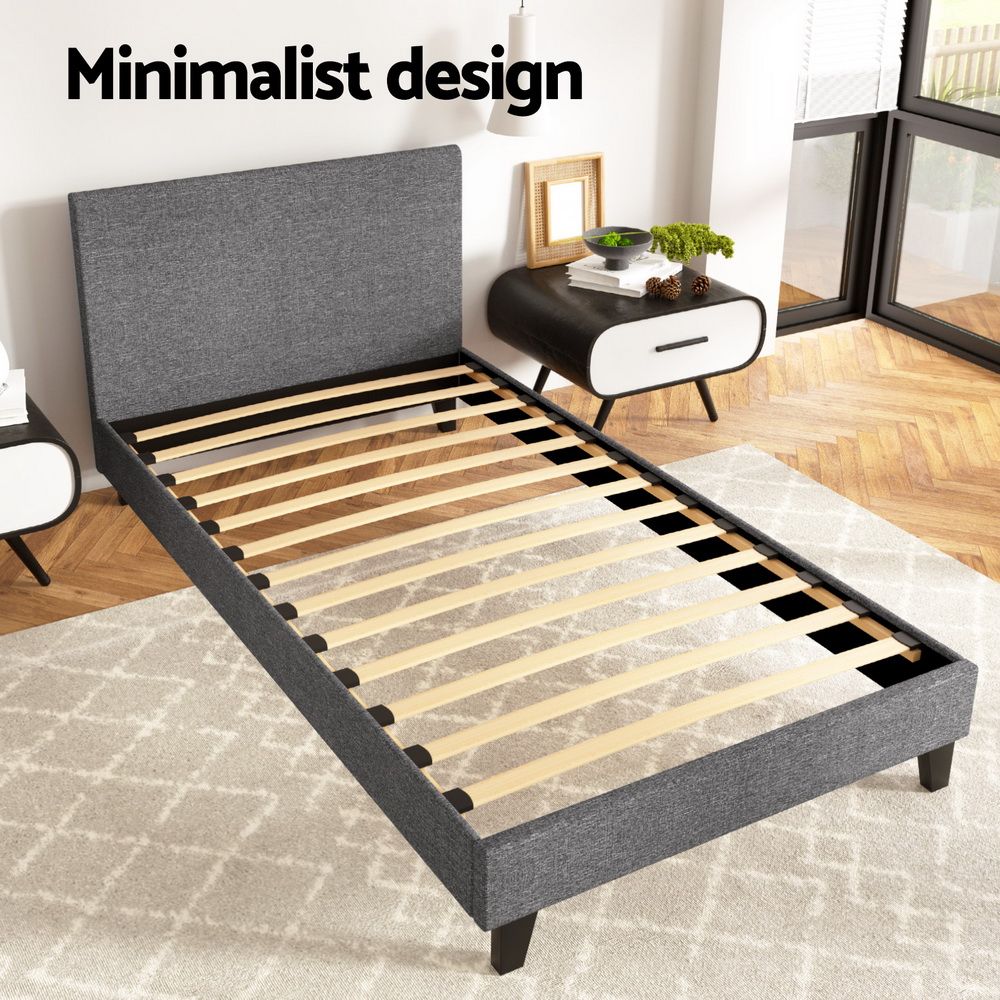 King Single Bed Frame Upholstered Wooden Slat Base Grey