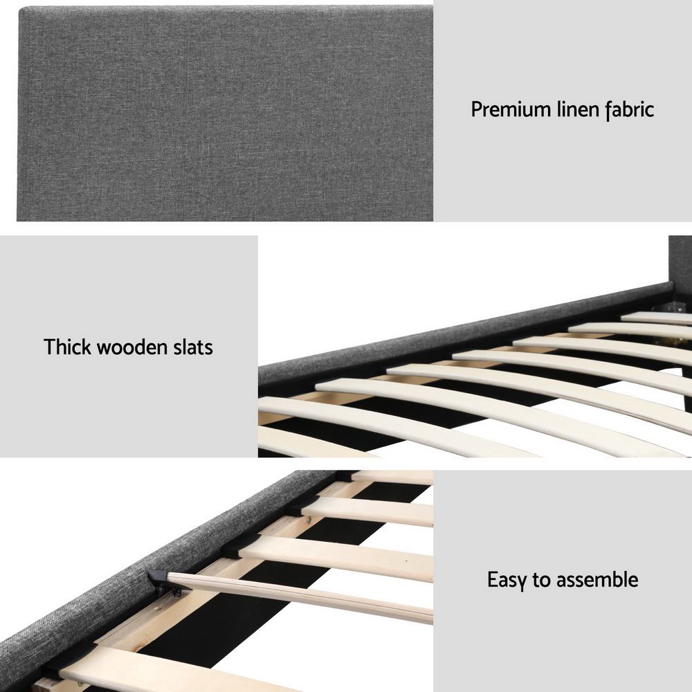 King Single Bed Frame Upholstered Wooden Slat Base Grey