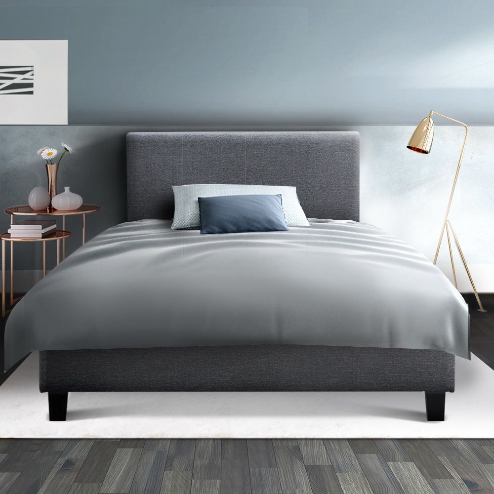 King Single Bed Frame Upholstered Wooden Slat Base Grey