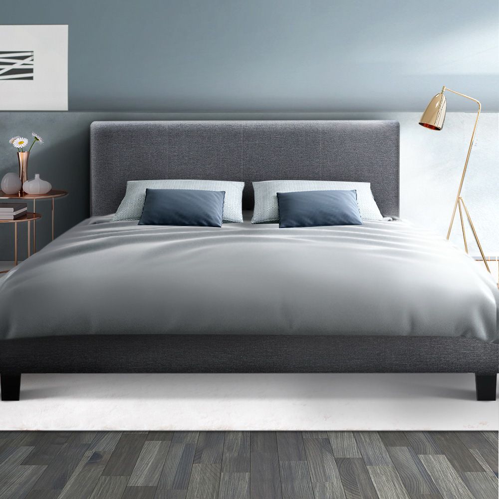 Artiss Queen Bed Frame Grey Upholstered Faux Linen Fabric Wooden Slat Base
