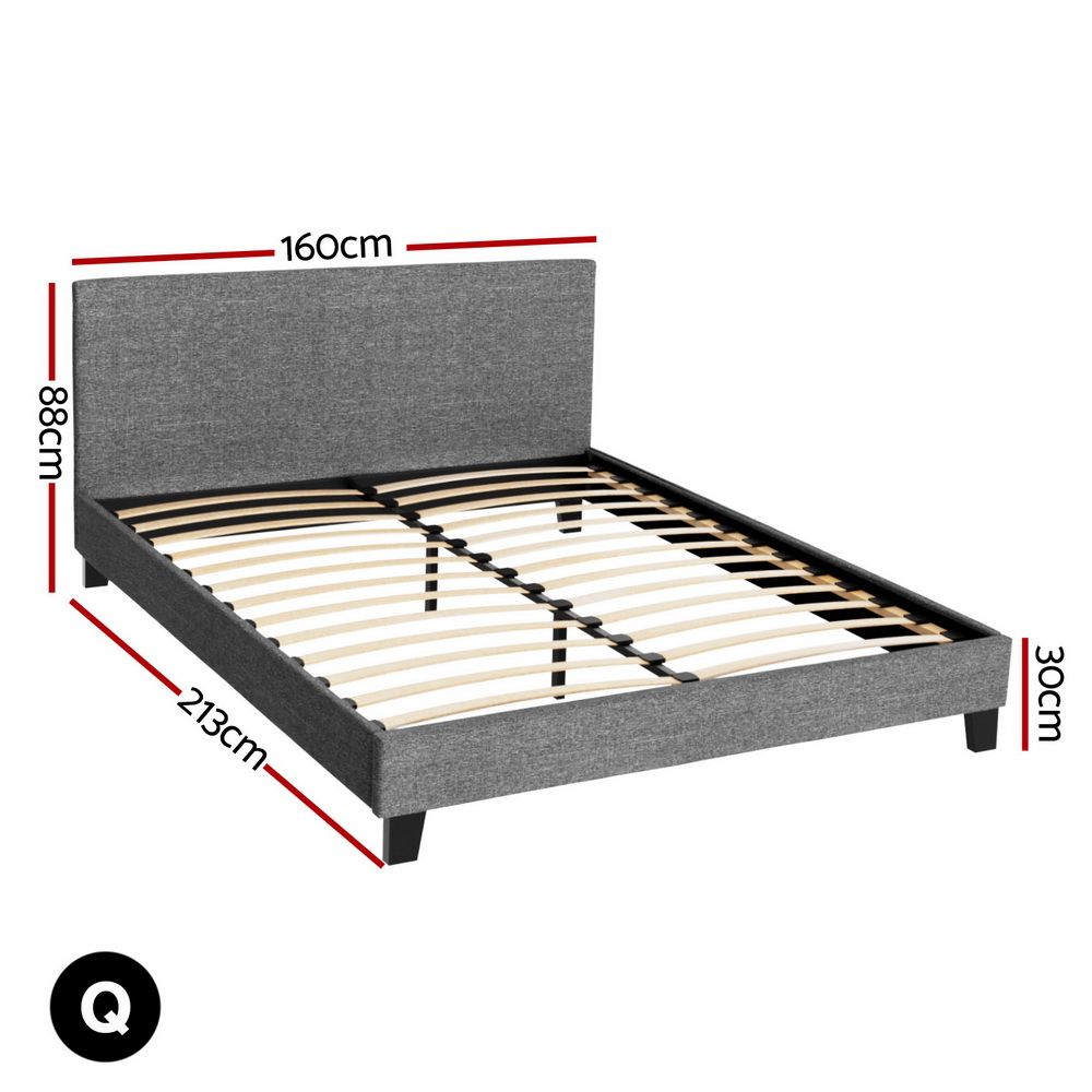 Artiss Queen Bed Frame Grey Upholstered Faux Linen Fabric Wooden Slat Base