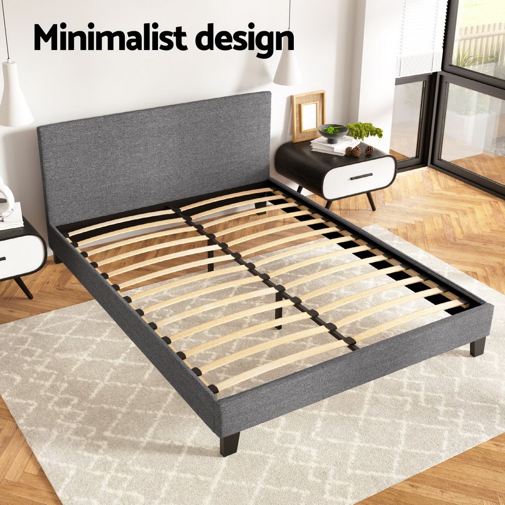 Artiss Queen Bed Frame Grey Upholstered Faux Linen Fabric Wooden Slat Base
