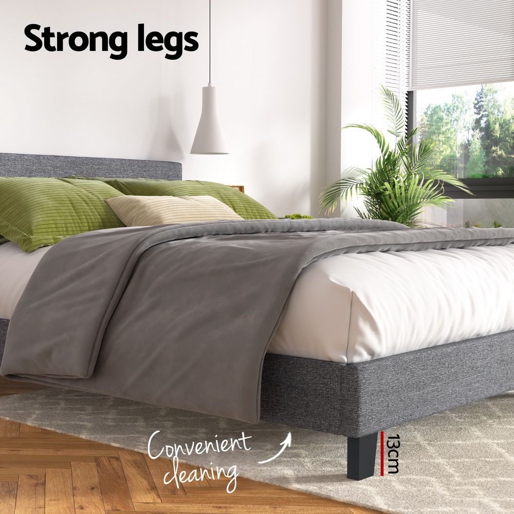 Queen Bed Frame Grey Upholstered Faux Linen Fabric Wooden Slat Base