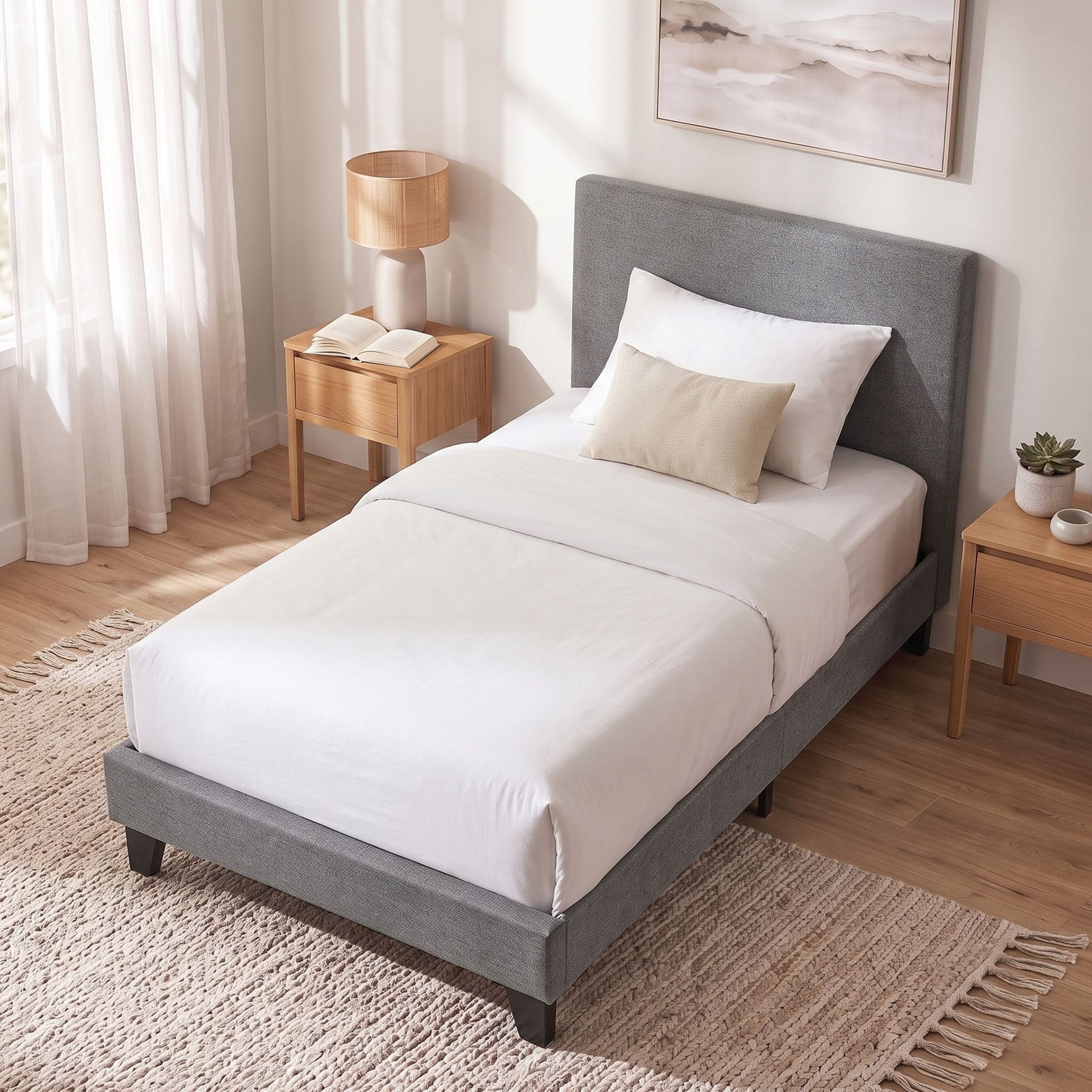 Single Bed Frame Upholstered Grey Linen Wooden Slat Base Neo Bed