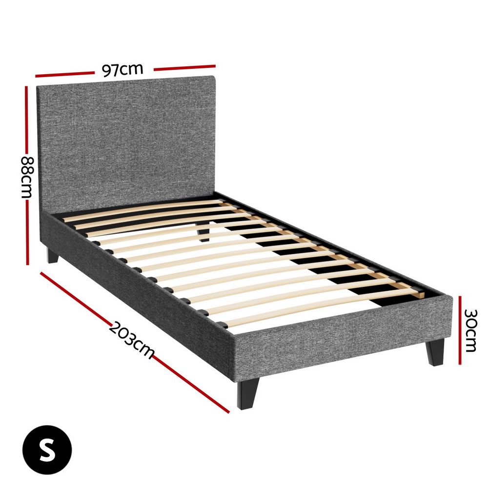 Single Bed Frame Upholstered Grey Linen Wooden Slat Base Neo Bed