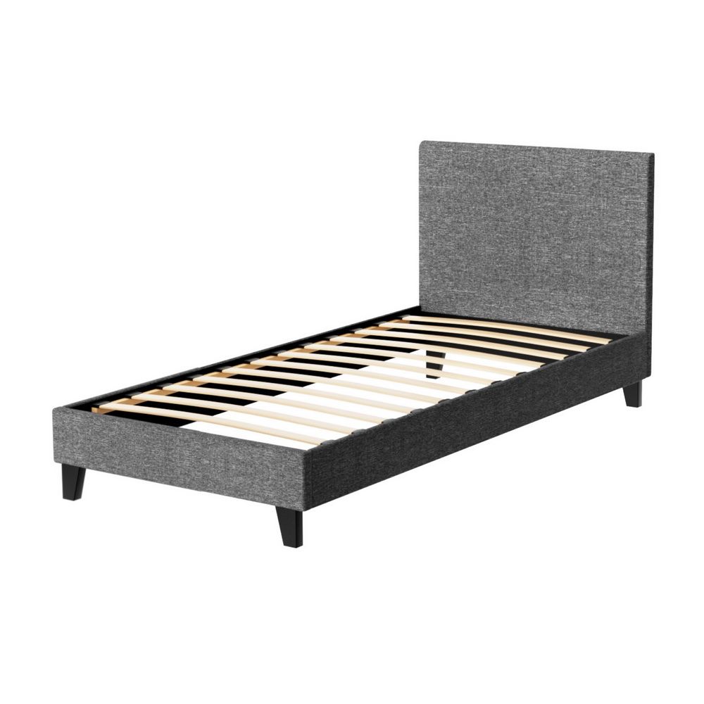 Single Bed Frame Upholstered Grey Linen Wooden Slat Base Neo Bed