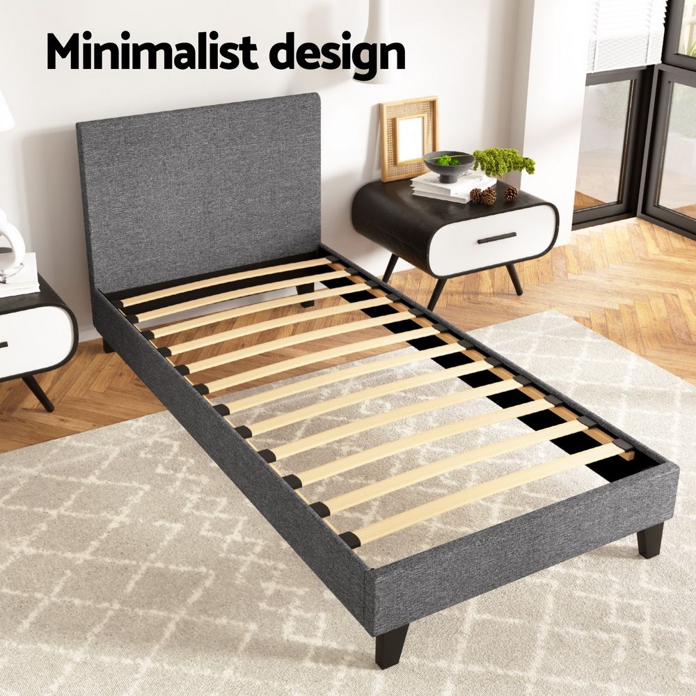 Single Bed Frame Upholstered Grey Linen Wooden Slat Base Neo Bed