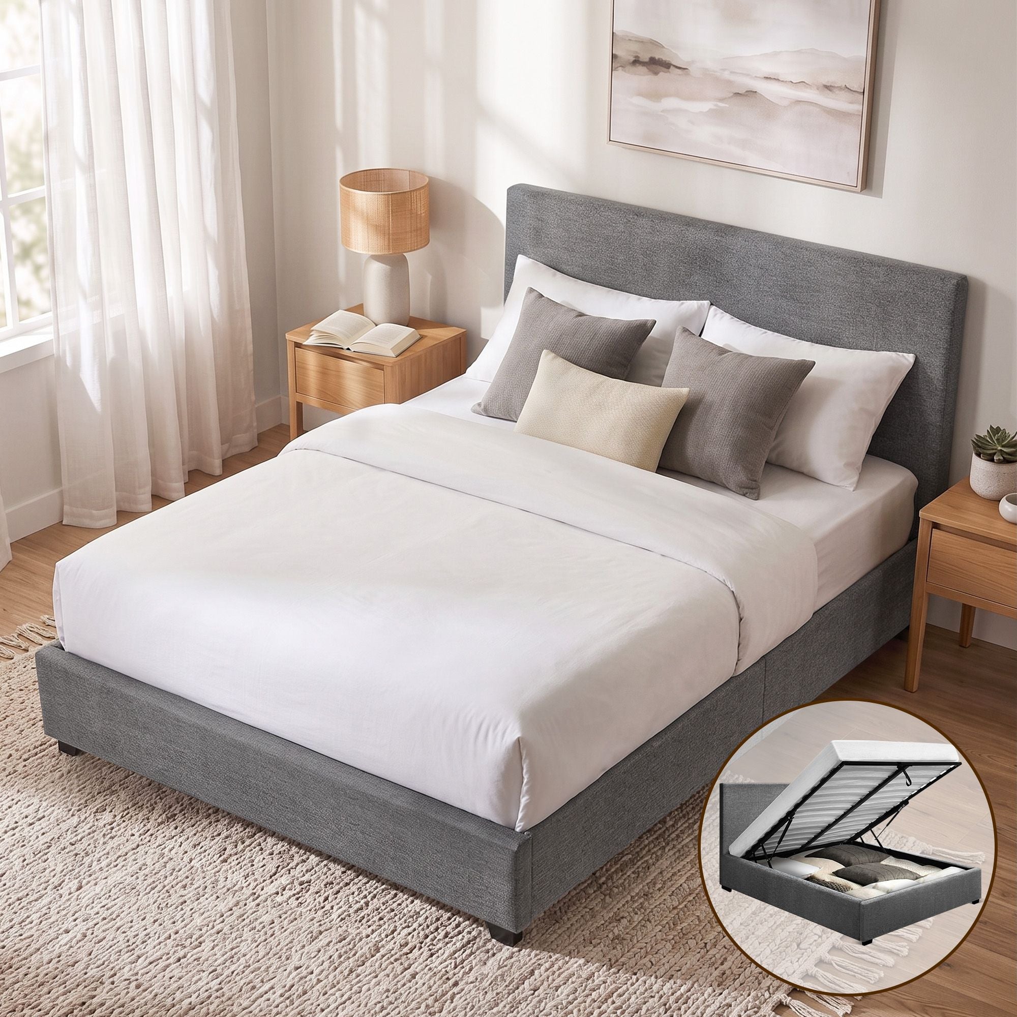 Artiss Nino Gas Lift Bed Frame – Double Grey, Faux Linen, Storage, Steel Frame